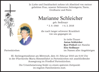 Traueranzeigen Von Marianne Schleicher Trauer Merkur De