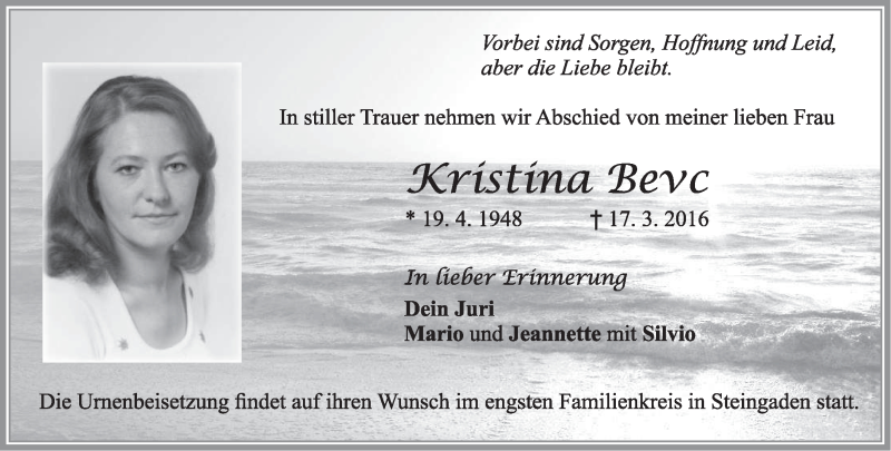 Traueranzeigen Von Kristina Bevc Trauer Merkur De