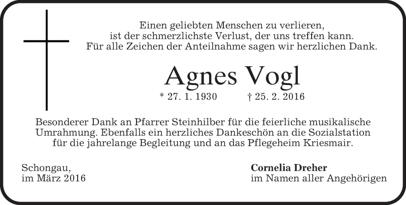 Traueranzeigen Von Agnes Vogl Trauer Merkur De