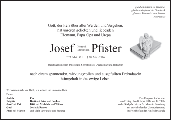 Traueranzeigen Von Josef Pfister Trauer Merkur De