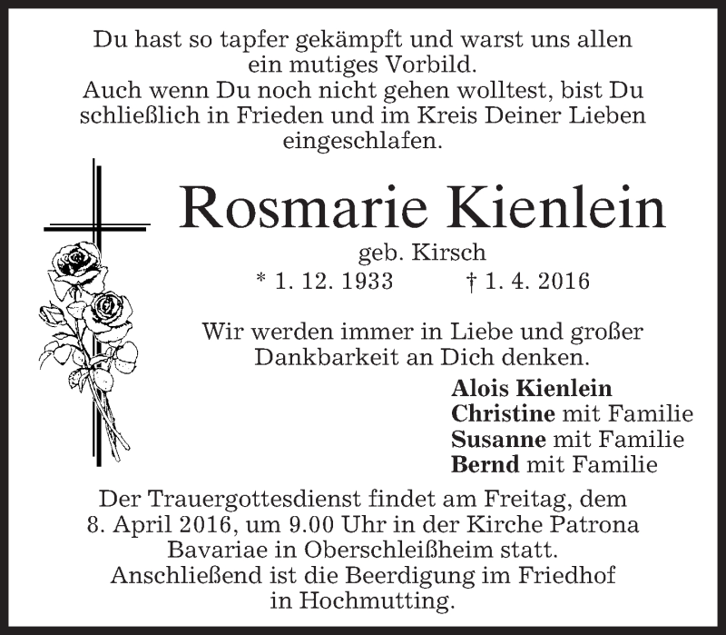 Traueranzeigen Von Rosmarie Kienlein Trauer Merkur De