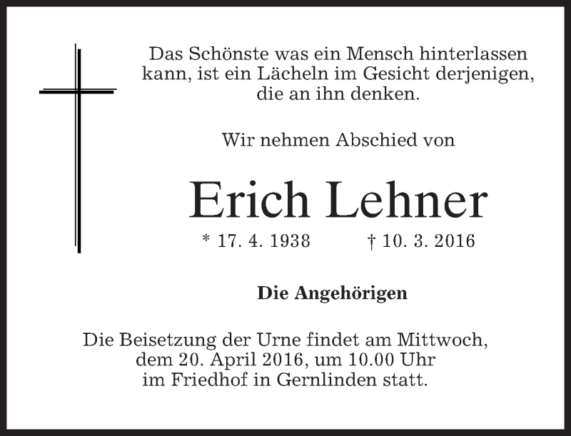 Traueranzeigen Von Erich Lehner Trauer Merkur De