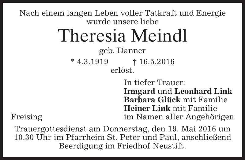 Traueranzeigen Von Theresia Meindl Trauer Merkur De