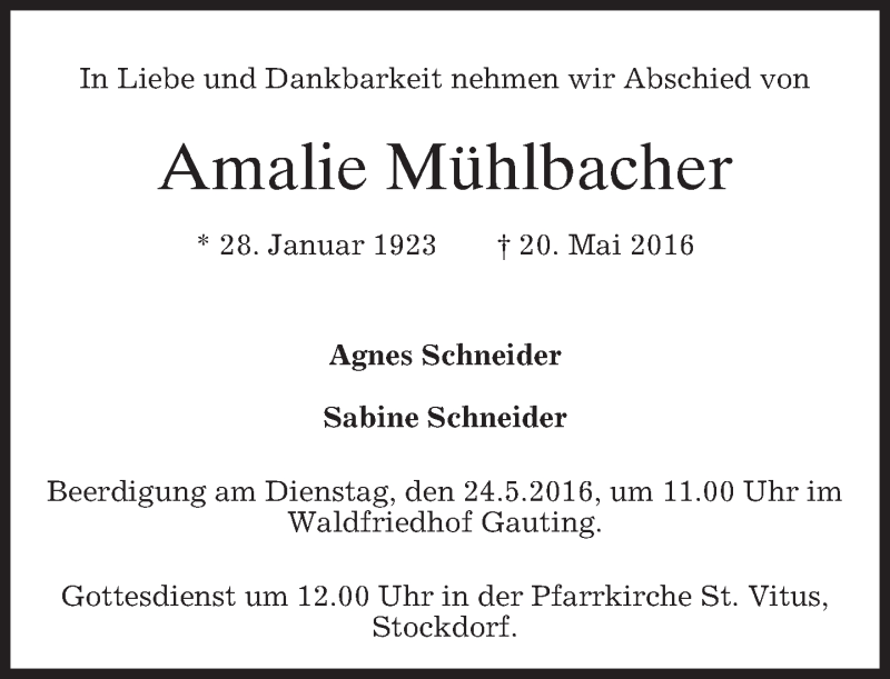 Traueranzeigen von Amalie Mühlbacher trauer merkur de