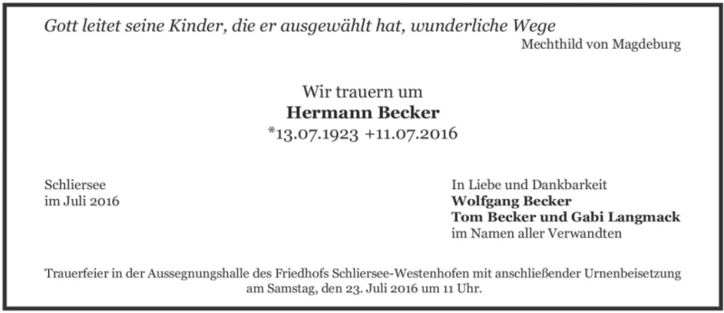 Traueranzeigen Von Hermann Becker Trauer Merkur De