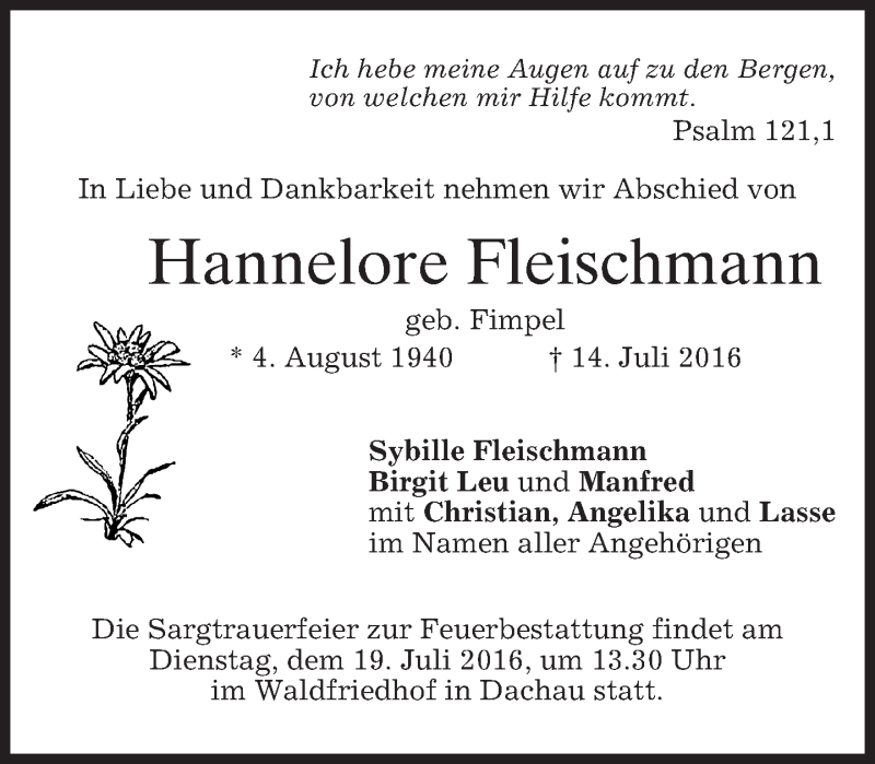 Traueranzeigen Von Hannelore Fleischmann Trauer Merkur De