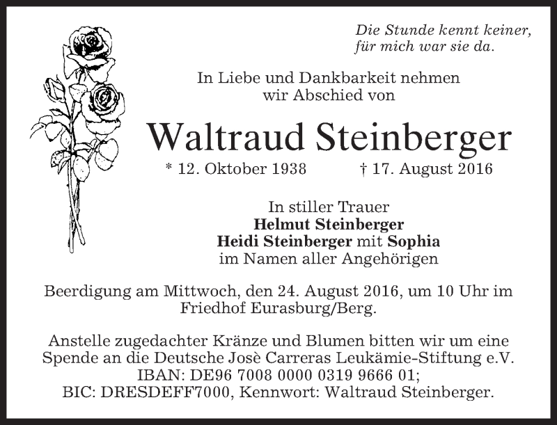 Traueranzeigen Von Waltraud Steinberger Trauer Merkur De