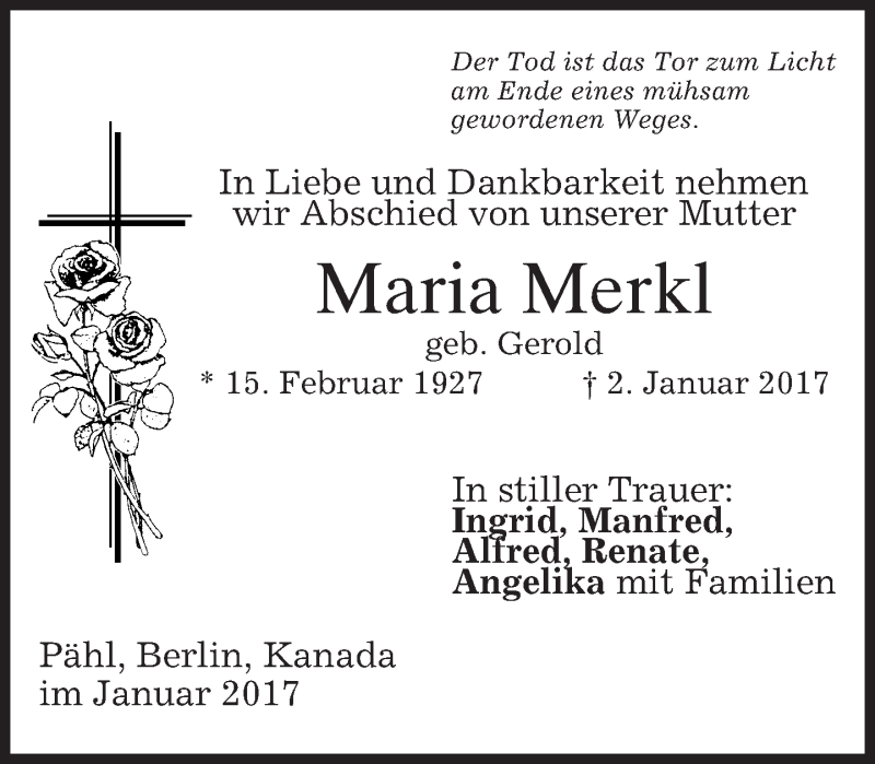 Traueranzeigen Von Maria Merkl Trauer Merkur De