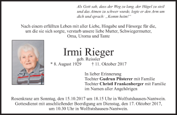 Traueranzeigen Von Irmi Rieger Trauer Merkur De