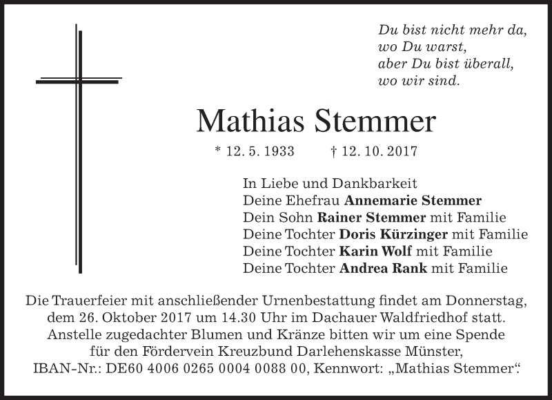 Traueranzeigen Von Mathias Stemmer Trauer Merkur De