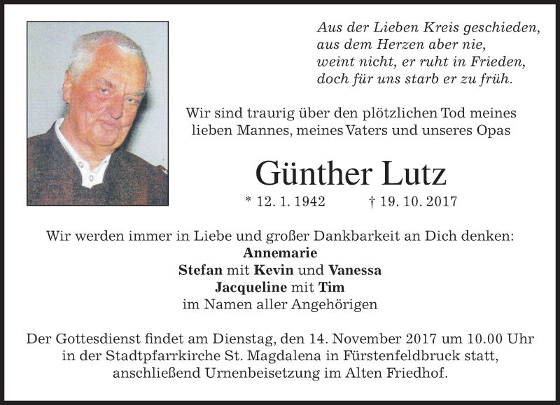 Traueranzeigen von Günther Lutz trauer merkur de