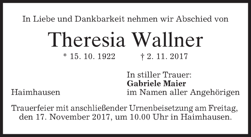 Traueranzeigen Von Theresia Wallner Trauer Merkur De