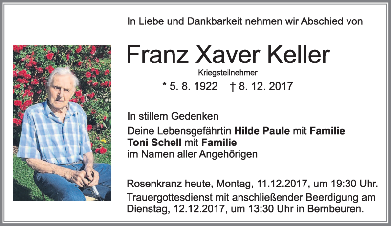 Traueranzeigen Von Franz Xaver Keller Trauer Merkur De