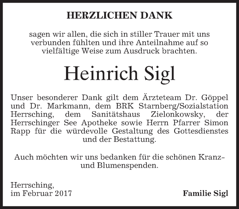 Traueranzeigen Von Heinrich Sigl Trauer Merkur De