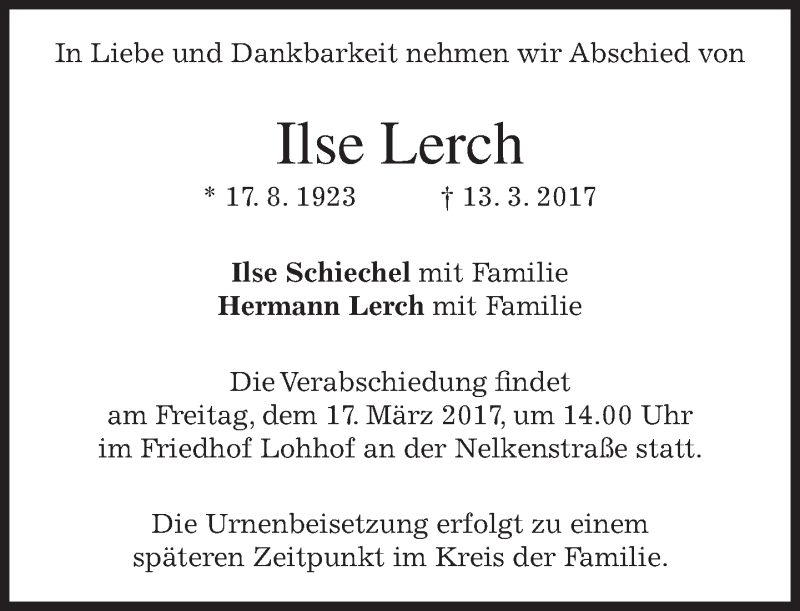 Traueranzeigen Von Ilse Lerch Trauer Merkur De