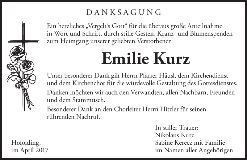 Traueranzeigen Von Emilie Kurz Trauer Merkur De