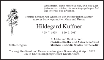 Traueranzeigen Von Hildegard Kuffner Trauer Merkur De