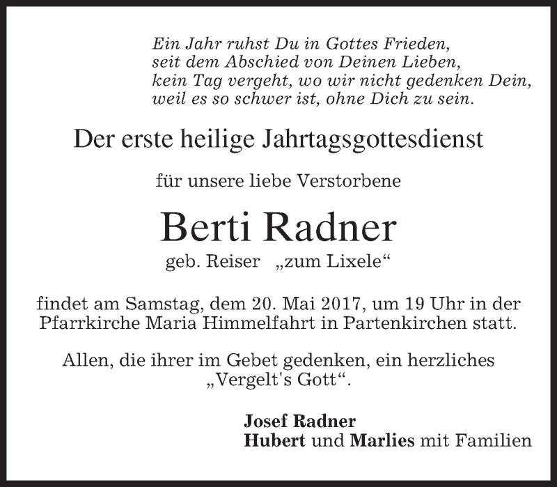 Traueranzeigen Von Berti Radner Trauer Merkur De