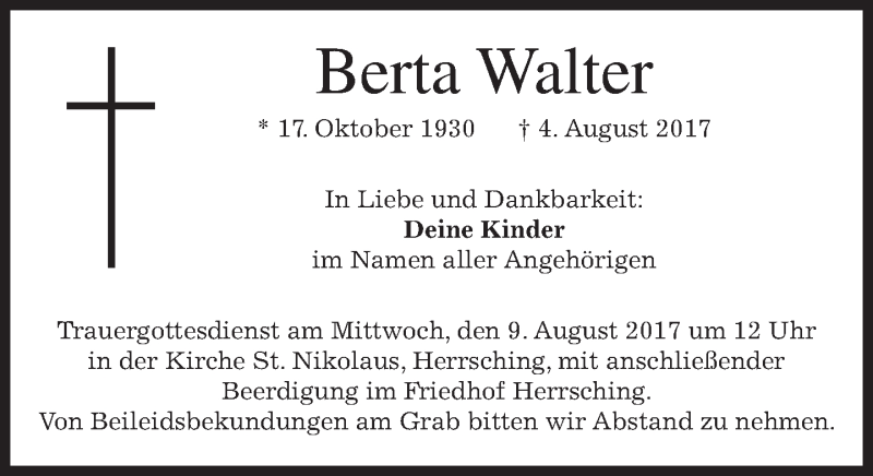 Traueranzeigen Von Berta Walter Trauer Merkur De