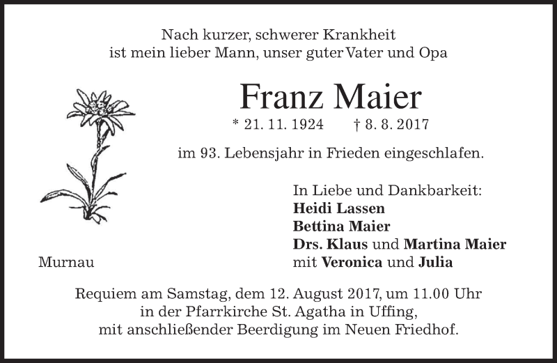 Traueranzeigen Von Franz Maier Trauer Merkur De