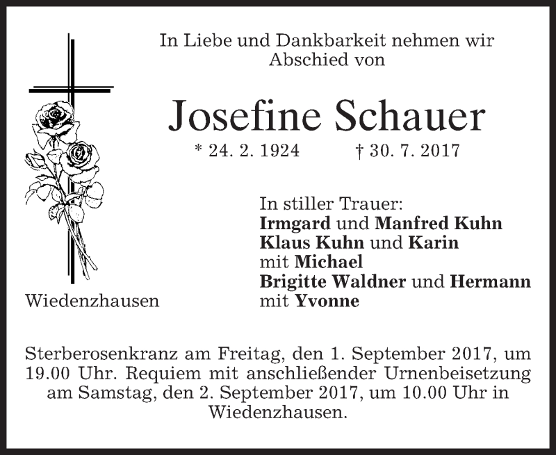 Traueranzeigen Von Josefine Schauer Trauer Merkur De