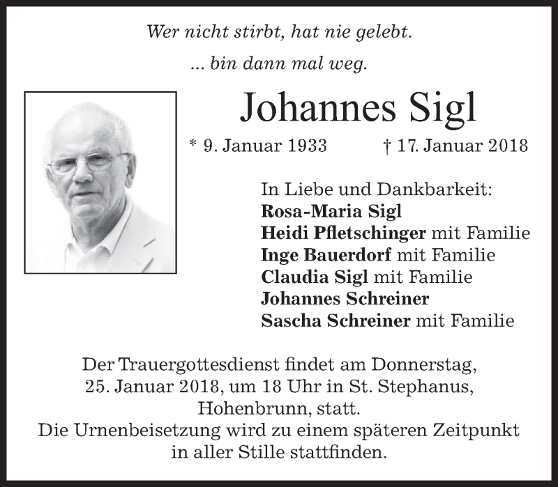 Traueranzeigen Von Johannes Sigl Trauer Merkur De