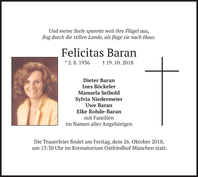 Traueranzeigen Von Felicitas Baran Trauer Merkur De