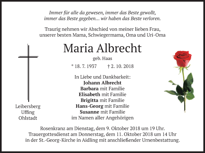 Traueranzeigen Von Maria Albrecht Trauer Merkur De