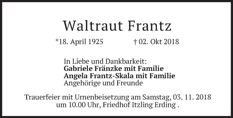 Traueranzeigen Von Waltraut Frantz Trauer Merkur De