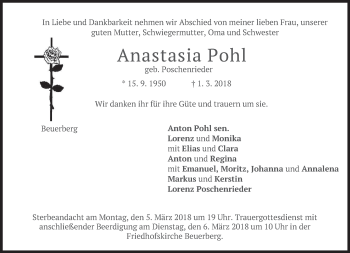 Traueranzeigen Von Anastasia Pohl Trauer Merkur De