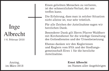 Traueranzeigen Von Inge Albrecht Trauer Merkur De