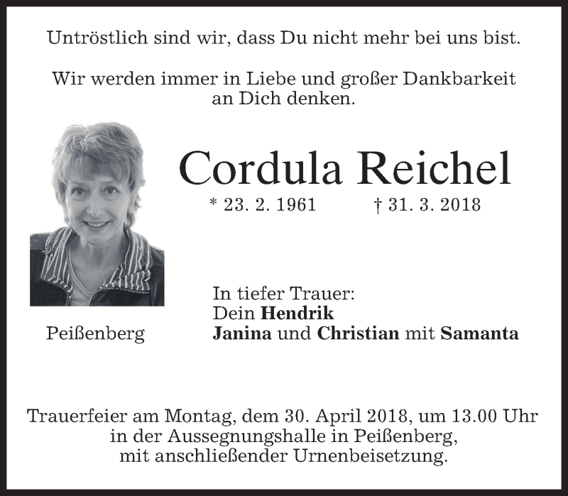 Traueranzeigen Von Cordula Reichel Trauer Merkur De