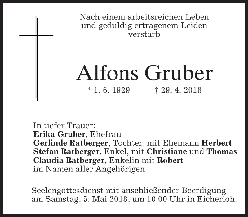 Traueranzeigen Von Alfons Gruber Trauer Merkur De