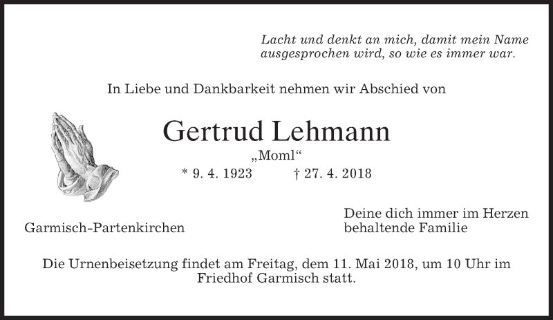 Traueranzeigen Von Gertrud Lehmann Trauer Merkur De