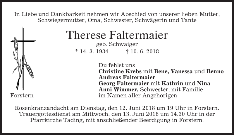 Traueranzeigen Von Therese Faltermaier Trauer Merkur De