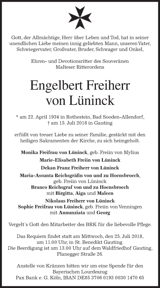 Traueranzeigen von Engelbert Freiherr von Lüninck trauer merkur de