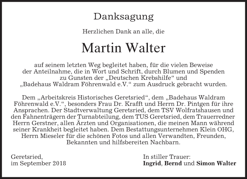 Traueranzeigen Von Martin Walter Trauer Merkur De