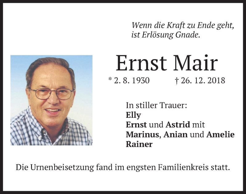 Traueranzeigen Von Ernst Mair Trauer Merkur De