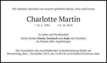 Traueranzeigen Von Charlotte Martin Trauer Merkur De