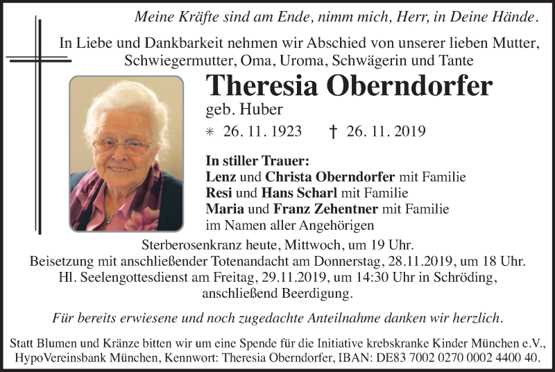 Traueranzeigen Von Theresia Oberndorfer Trauer Merkur De