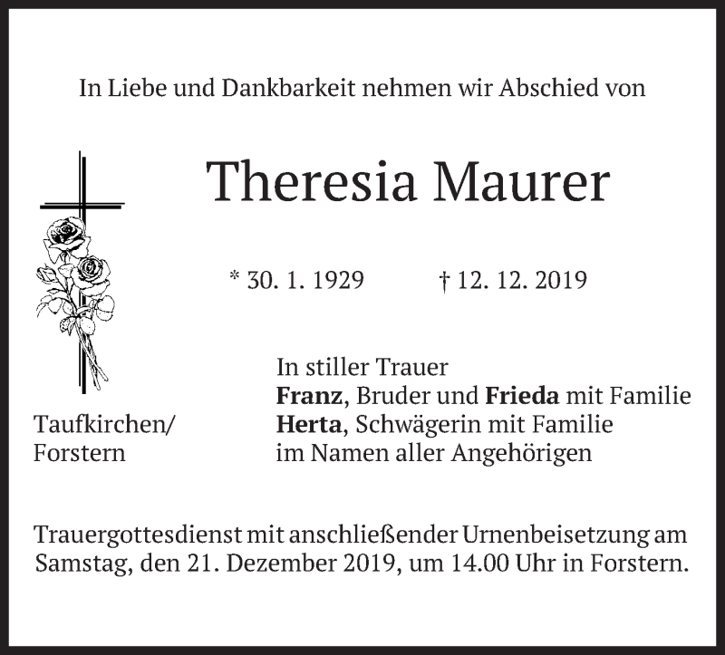 Traueranzeigen Von Theresia Maurer Trauer Merkur De