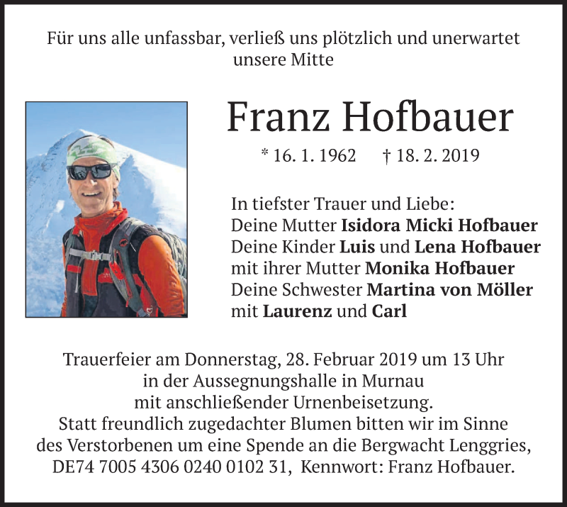 Traueranzeigen Von Franz Hofbauer Trauer Merkur De