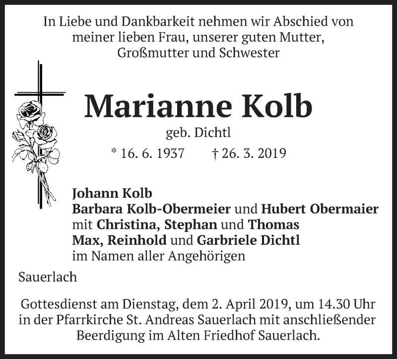 Traueranzeigen Von Marianne Kolb Trauer Merkur De