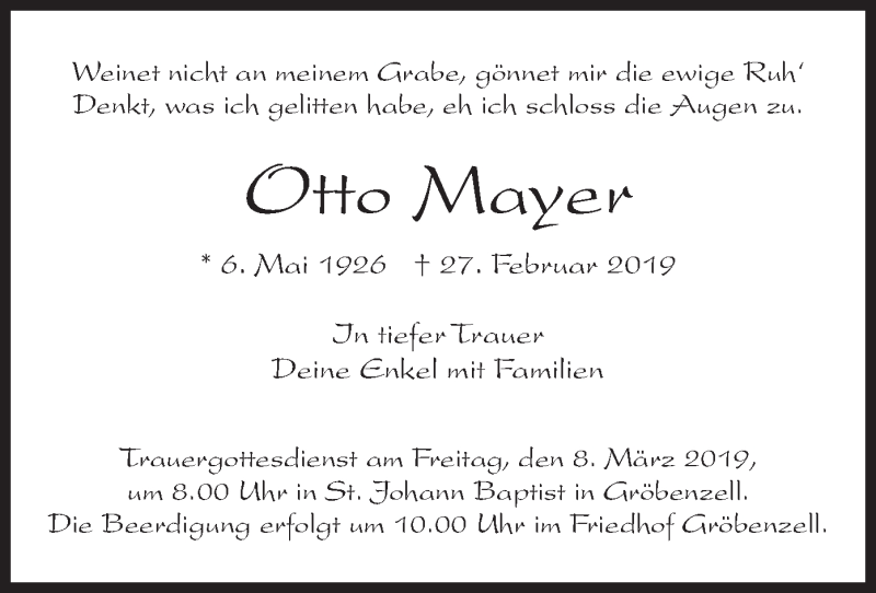 Traueranzeigen Von Otto Mayer Trauer Merkur De