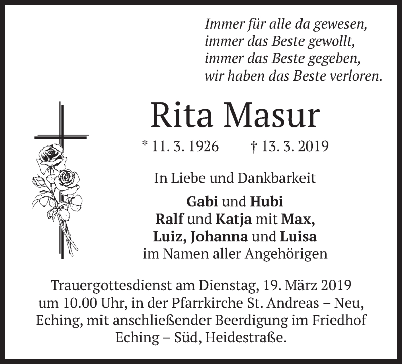 Traueranzeigen Von Rita Masur Trauer Merkur De