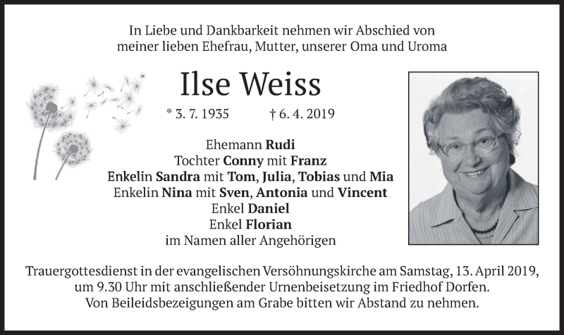 Traueranzeigen Von Ilse Weiss Trauer Merkur De