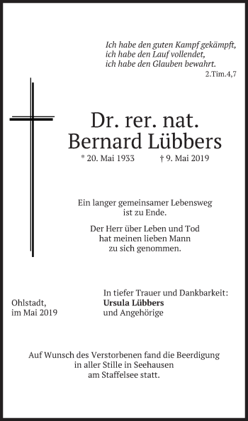 Traueranzeigen Von Bernard L Bbers Trauer Merkur De