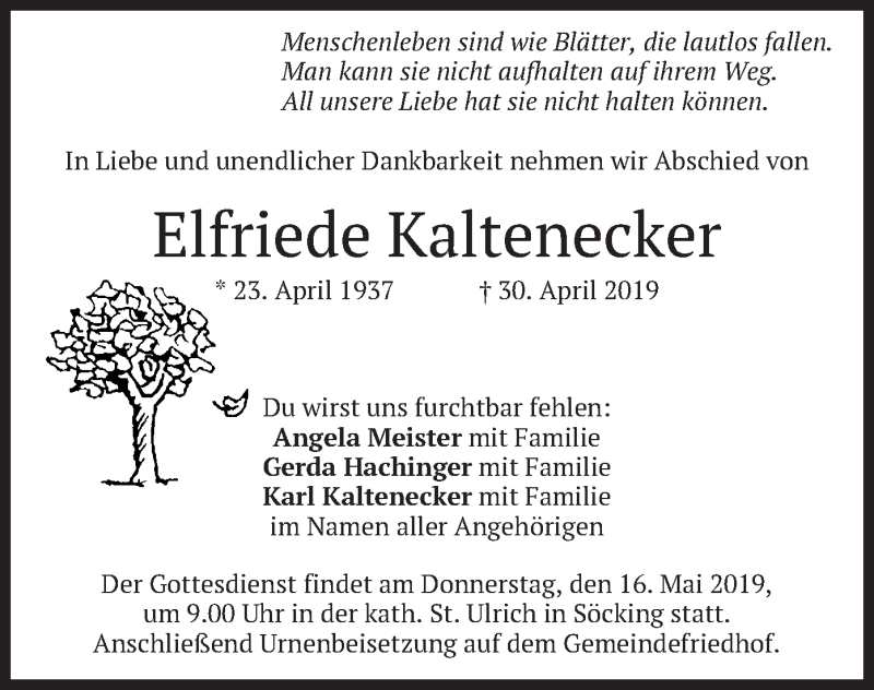 Traueranzeigen Von Elfriede Kaltenecker Trauer Merkur De