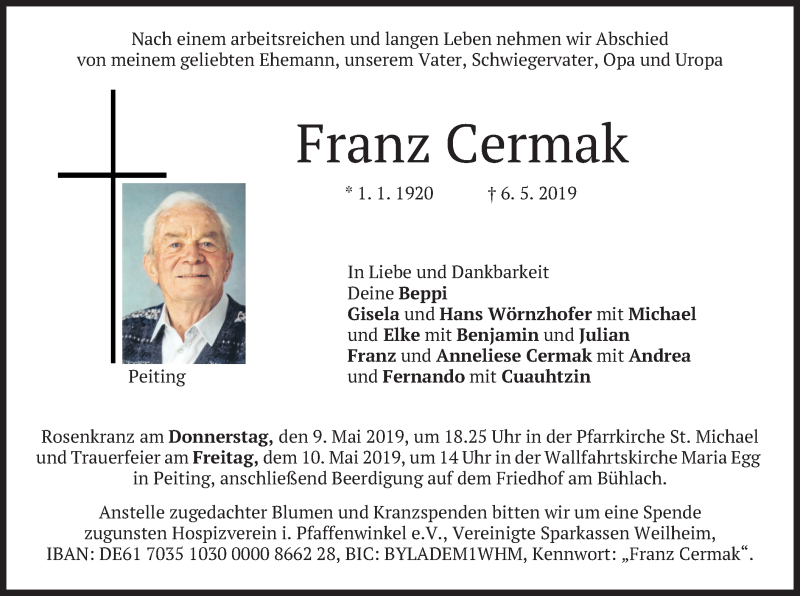 Traueranzeigen Von Franz Cermak Trauer Merkur De