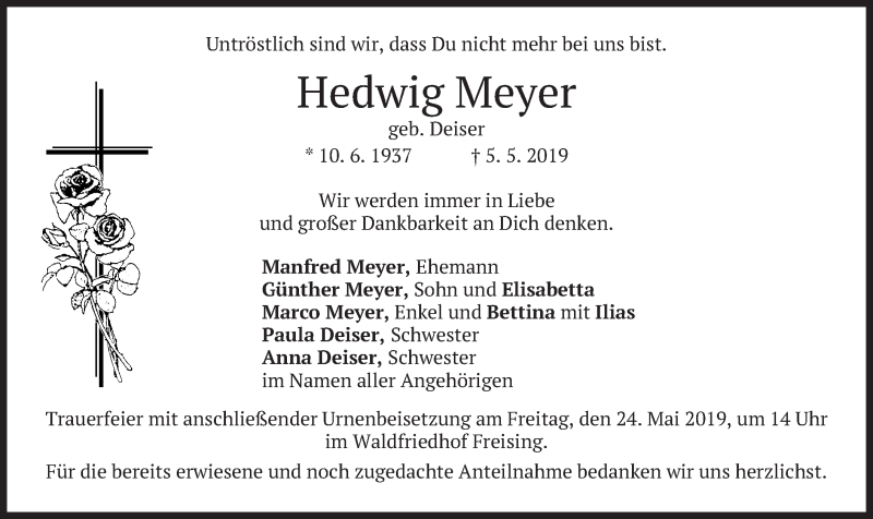 Traueranzeigen Von Hedwig Meyer Trauer Merkur De